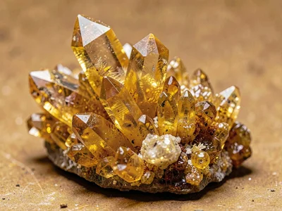 Citrine crystal cluster in golden amber