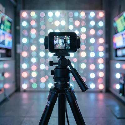 Vertical cyberpunk-tinted shot of a webcam on a tripod with bokeh LED background