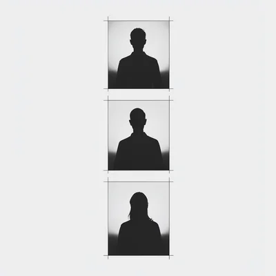 Vertical layout of three stacked story-frame silhouettes climbing the frame, hai