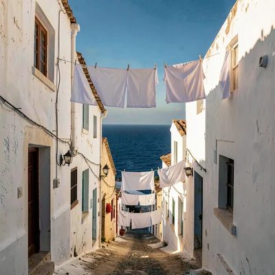 Mediterranean summer photograph, August dry heat, Laundry strung between buildin