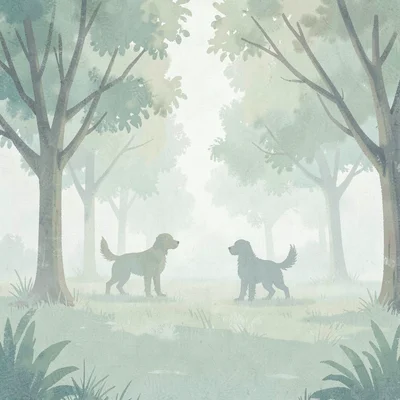 Misty morning park scene with two dog silhouettes drifting through fog, soft pas