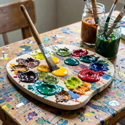 Artists paint palette caked with dried oils, fresh colors squeezed on top, brush