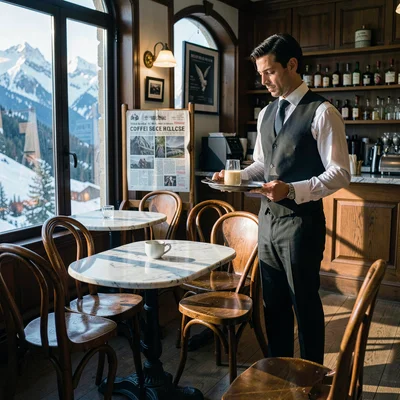 Crisp Alpine clarity, formal composition, Coffee house with bentwood chairs and 
