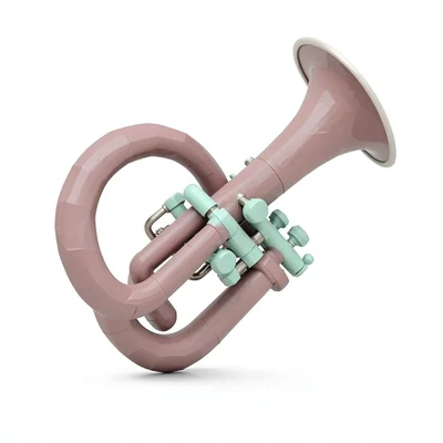 Coiled dusty-pink lowpoly French horn in chunky tubing with mint valve cluster,