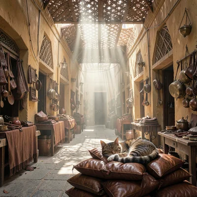 Fes medina light penetration, souk depth, cat sleeping on pile of leather bags, 