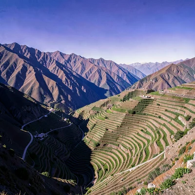 High altitude photograph, thin mountain air, Terraced fields carved into a steep