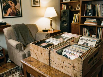 Milk crate storage, overstuffed records, the classic storage of a growing collec