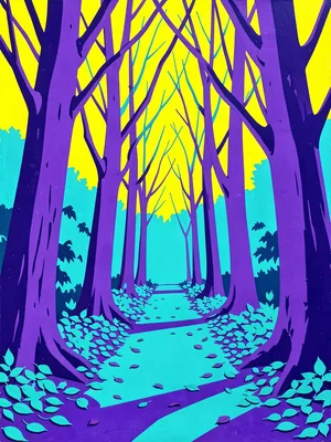 Forest path — tree trunks violet, fallen leaves flat turquoise, sky acid yellow