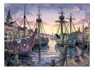 Organic ships at twilight harbor