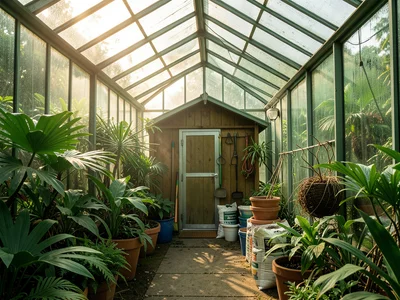A potting shed at the end of a greenhouse: bags of compost, stacked pots, tools 
