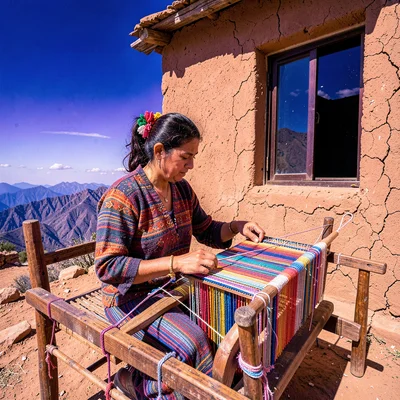 High altitude photograph, thin mountain air, A woman weaving on a backstrap loom