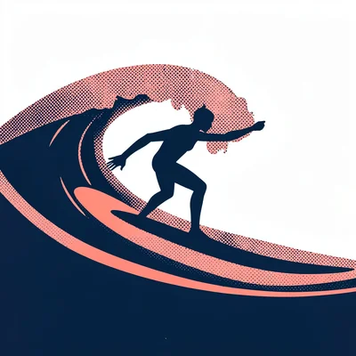 abstract halftone-banded silhouette of a stylised-surfer riding a halftone-wave