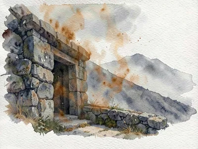 Dramatic painterly plate of a stone retreat half-veiled in slow drifting ash, oc