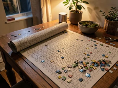 Puzzle mat partially rolled, storing progress overnight, the pause and resume of