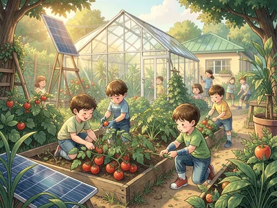 Children harvesting tomatoes from a school garden, a glass greenhouse behind the