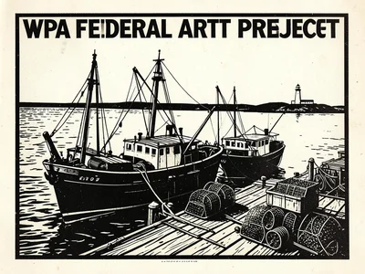A harbor scene with three fishing trawlers moored at a wooden dock, lobster trap