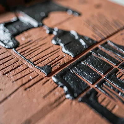 Sgraffito hatching carved through black slip, exposed red clay glowing through f