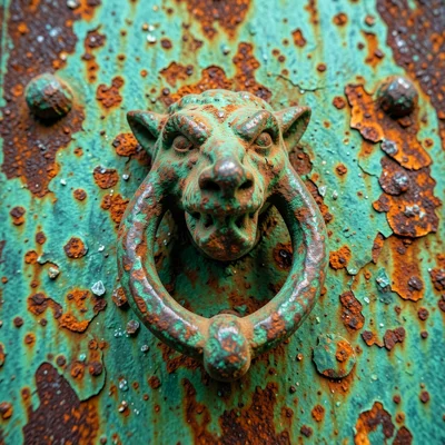 Oxidized iron door knocker in shape of gargoyle, old house, patina detail
