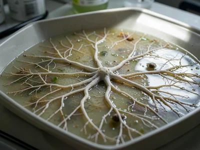 Fungal mycelium network spreading through agar gel, alien branching patterns, la