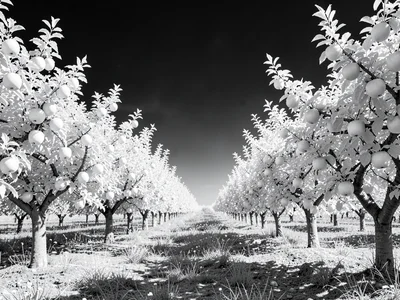 An orchard in summer — apple trees glowing white, fruit rendered as pale spheres
