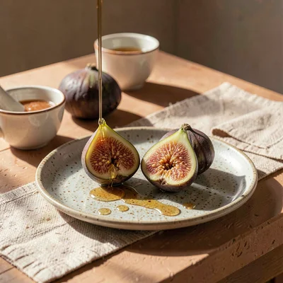 Warm desert-toned photograph, Fresh figs split open on ceramic plate, honey driz