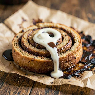 Coiled cinnamon roll on charred parchment with a slow ribbon of dark cream-chees