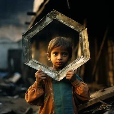 Photo A child in a slum holds up a mirror reflecting