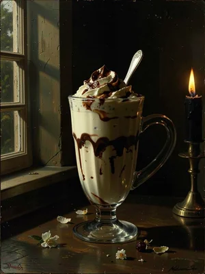 Milkshake in clear cup, layers of cream and chocolate visible, Vermeer window li