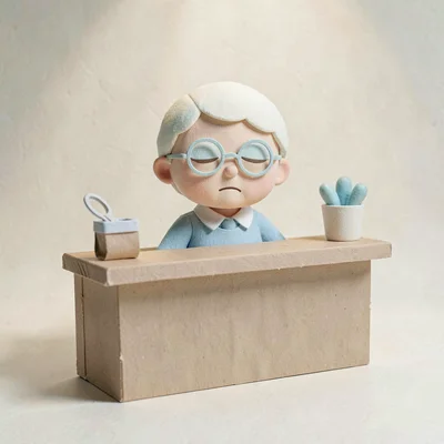 Soft pastel character sprite of a sleepy shopkeeper with round glasses behind a
