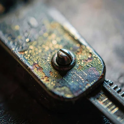 Macro study of a tape head with magnetic patina, raking sidelight