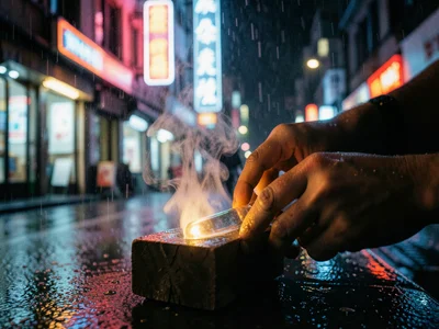 Close-up of fingers shaping hot glass with a wooden block, steam rising