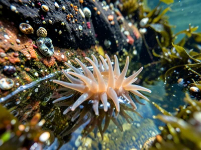 Tidepool surface tension, water meniscus climbing against rock wall, curved mirr