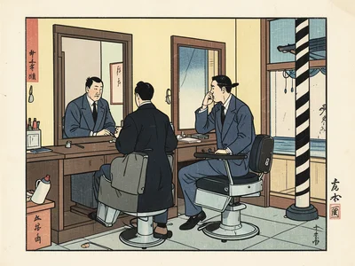 A barbershop scene: the barber and client in classic poses, mirrors creating dep