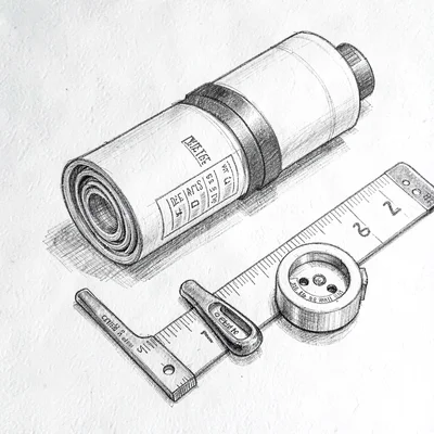 Pen-and-ink composite of a deck-builder tool roll with speed square, chalk reel,