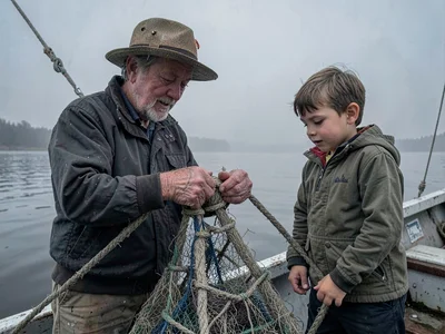 Fisherman hauling nets at grey dawn, arthritis-swollen hands gripping rope, his 