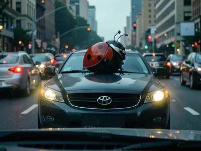 Ladybug as big as a car sitting in traffic, turn signal blinking