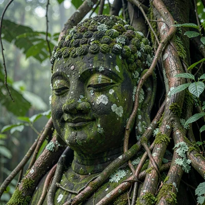 Tropical weathered surfaces, humid atmosphere, A stone Buddha head half-covered 
