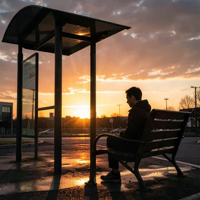 Inspirational sunset silhouette of a person at a bus stop bench
