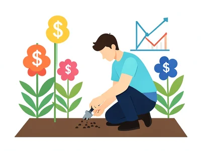 A person planting seeds in a garden where the flowers bloom as dollar signs and 