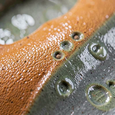Salt-fired orange-peel finish on a stoneware curve, pebbled grey-green skin catc