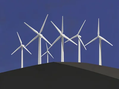 Hilltop turbines stand evenly spaced across a charcoal ridge under a deep lapis 
