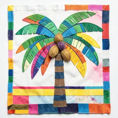 Panamanian mola textile illustration, a palm tree with layers of fronds and coco