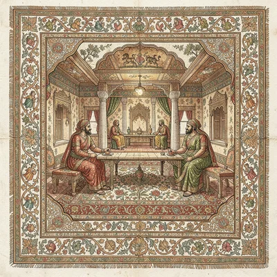 Kalamkari pen illustration, a royal court scene with detailed patterns , hand-dr
