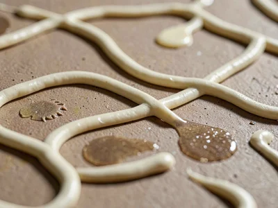 Slip-trailed cream squiggles raised across stoneware, soft loops casting tight c