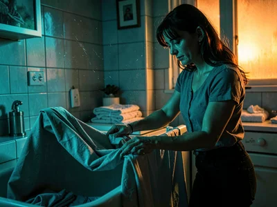 Woman doing laundry, folding sheets like she's defusing bombs in a thriller