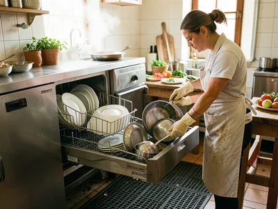 A dishwasher at their station during the dinner rush, the machine steaming as a 
