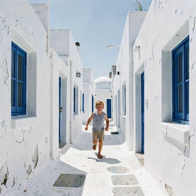 Cycladic whitewash study, Greek island lime, A child running through narrow whit