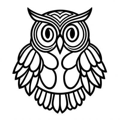 Owl — frontal face, two large ovoid eyes, wing feathers as secondary U-form rows