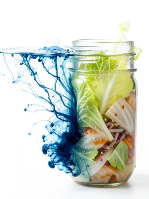 Fermenting kimchi in glass jar, tiny bubbles trapped between napa cabbage leaves