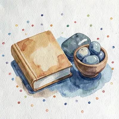 Suki gouache study of a journal beside a small bowl of stones, chalky dusk palet